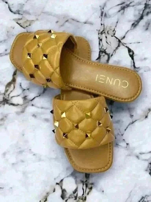 Tan Studded Flats - cunei